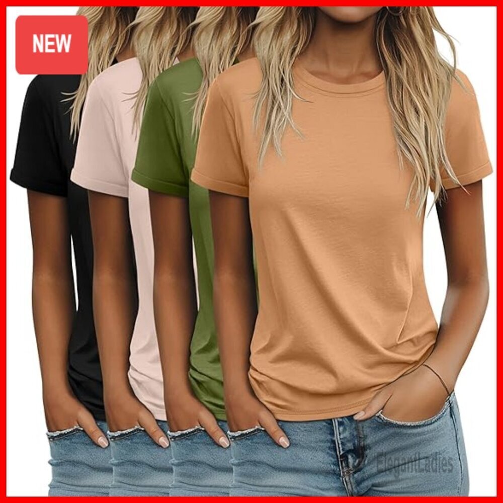4 Pack Women's Cotton T-Shirts Loose Fit Rolled Sleeve Basic Tees Summer